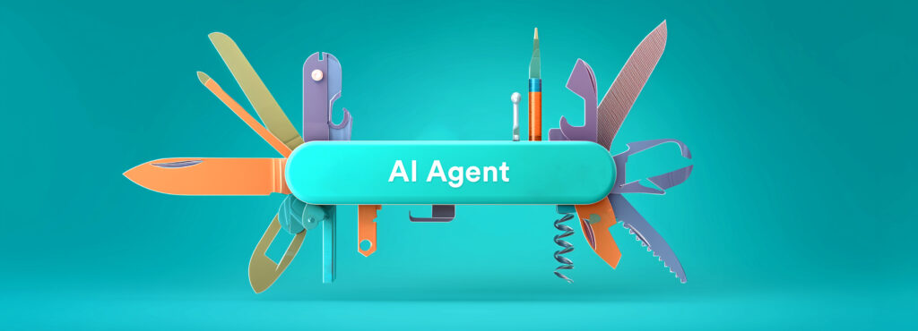 Türkisfarbener Schweizer Taschenmesser-ähnlicher Gegenstand mit Aufschrift 'AI Agent' und zahlreichen Werkzeugen an beiden Seiten auf türkisfarbenem Hintergrund.