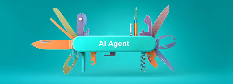 Türkisfarbener Schweizer Taschenmesser-ähnlicher Gegenstand mit Aufschrift 'AI Agent' und zahlreichen Werkzeugen an beiden Seiten auf türkisfarbenem Hintergrund.