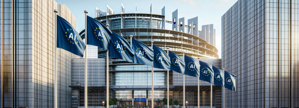 Symbolbild für den AI Act – ein dem Brüsseler Parlament nachempfundenes Bürogebäude mit Fahnen davor, die die Buchstaben "AI" zeigen