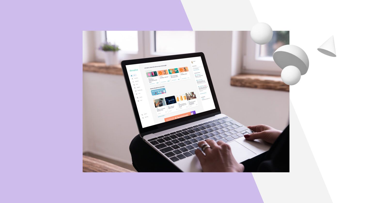 Ein Beitragsbild für die KI Akademie für den B2C-Bereich. Darauf zusehen ist ein Laptop, der auf dem Schoß von einer Person liegt. Auf dem Bildschirm ist das Frontend der KI Akademie zu sehen.