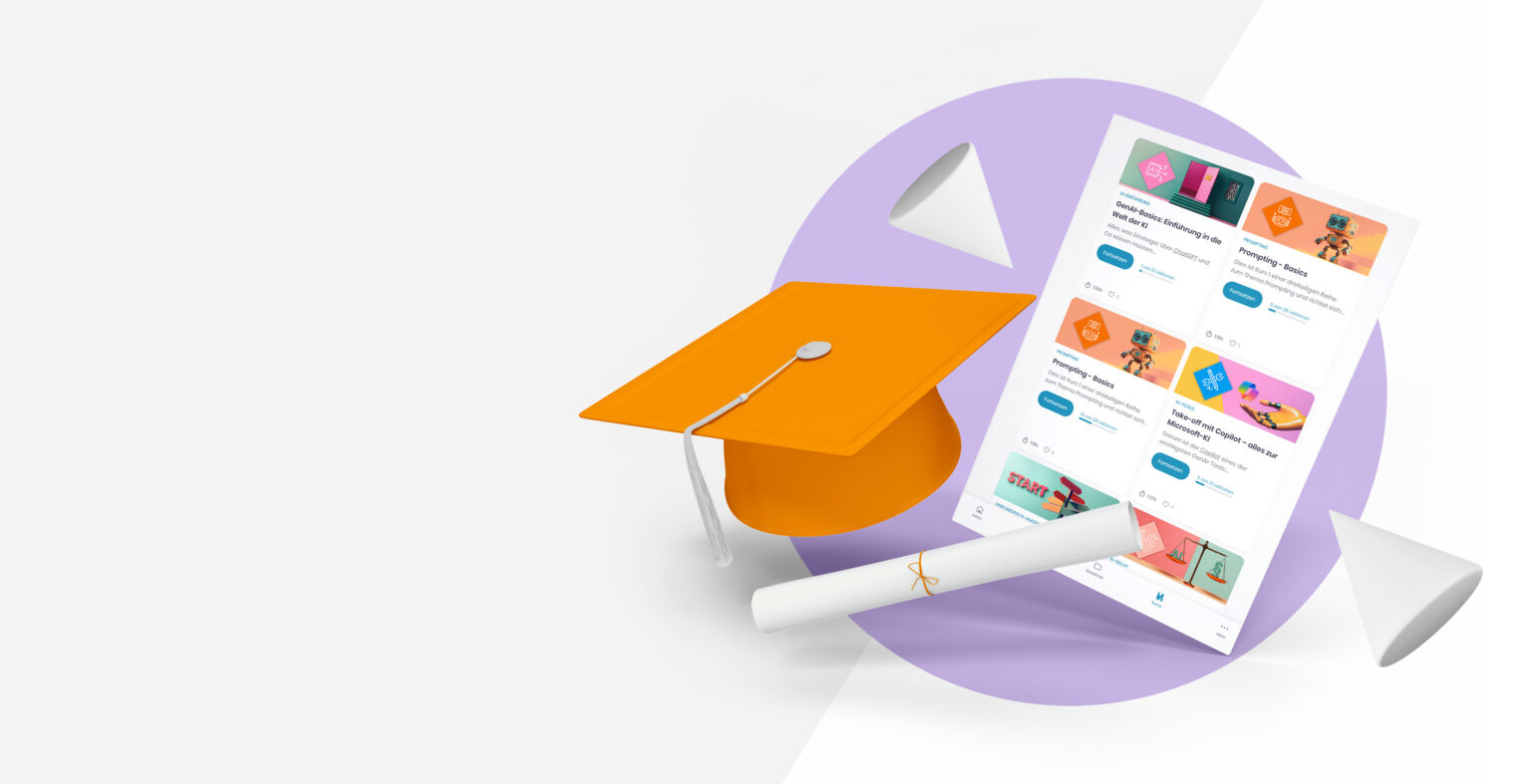 Die Benutzeroberfläche der Übersichtsseite der KI Akademie-Kurs mit einem orangefarbenen Doktorhut und einer Papierrolle mit orangefarbener Schnur.