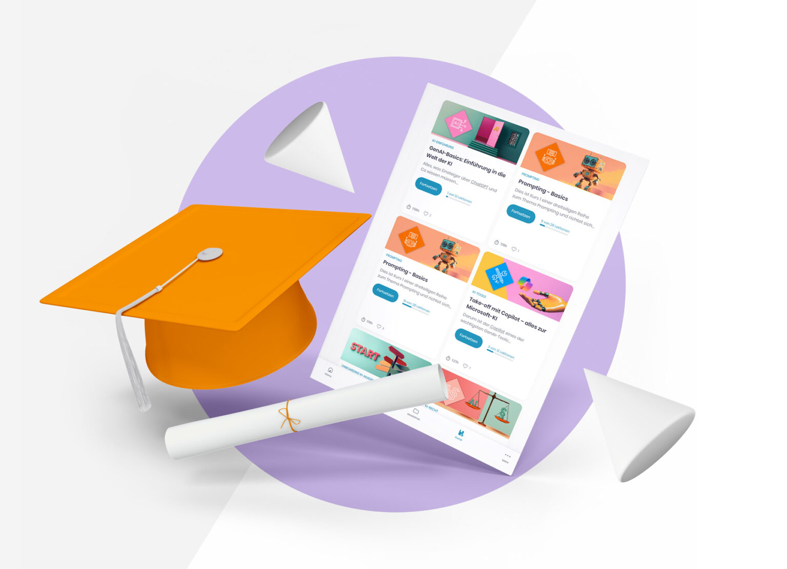 Die Benutzeroberfläche der Übersichtsseite der KI Akademie-Kurs mit einem orangefarbenen Doktorhut und einer Papierrolle mit orangefarbener Schnur.