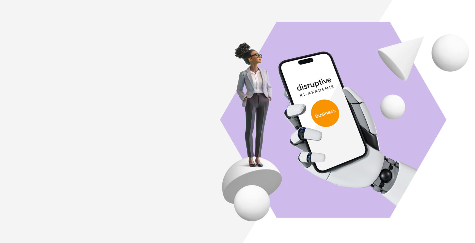 Eine Roboterhand hält ein Smartphone, auf dem der Business-Zugang zur KI Akademie zu sehen ist.