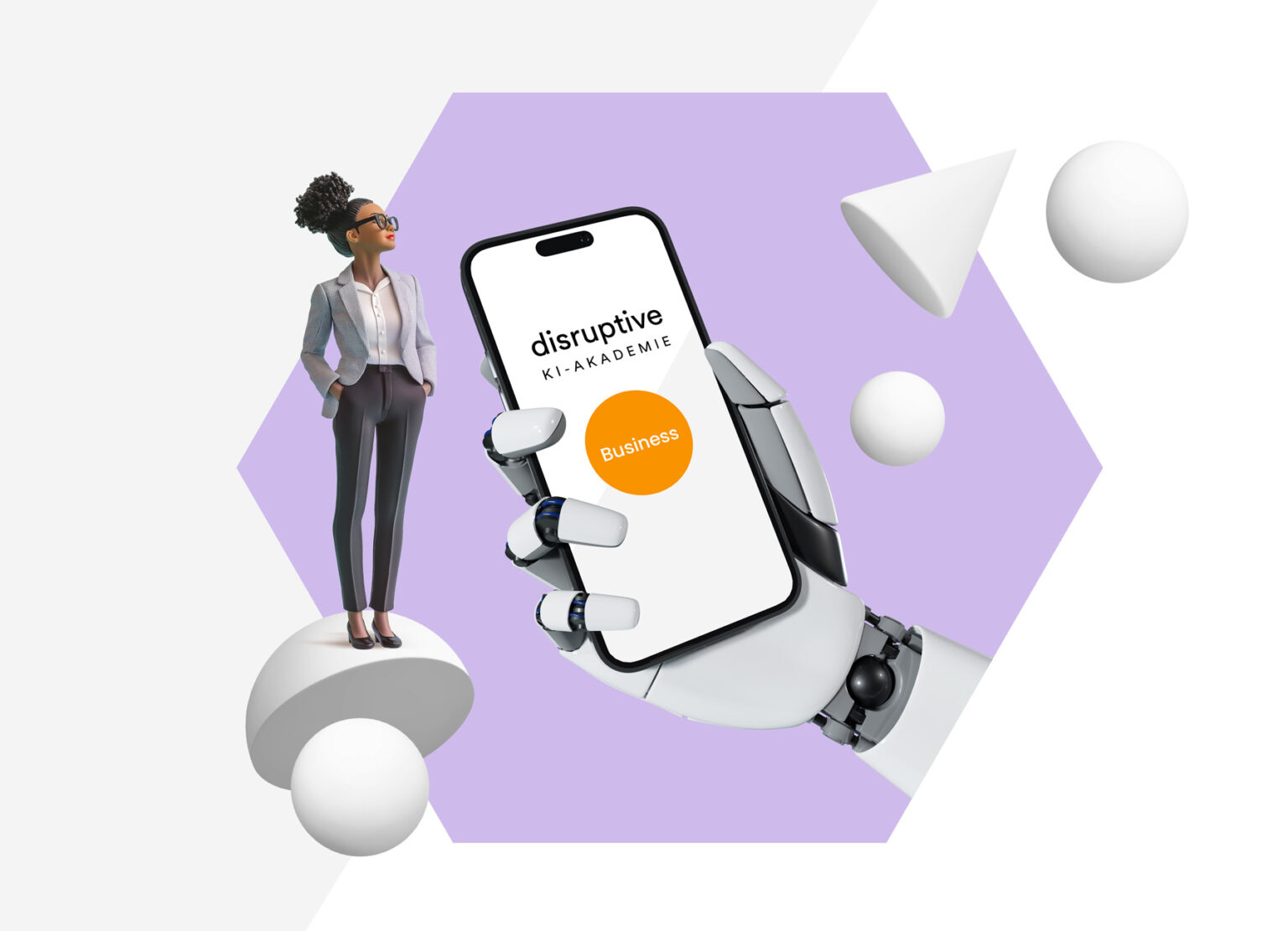 Eine Roboterhand hält ein Smartphone, auf dem der Business-Zugang zur KI Akademie zu sehen ist.
