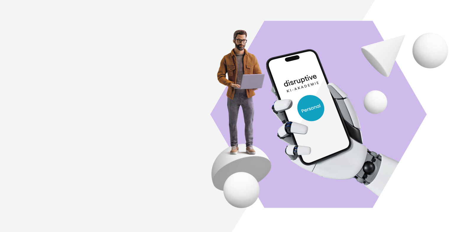 Eine Roboterhand hält ein Smartphone, auf dem der Personal-Zugang zur KI Akademie zu sehen ist.