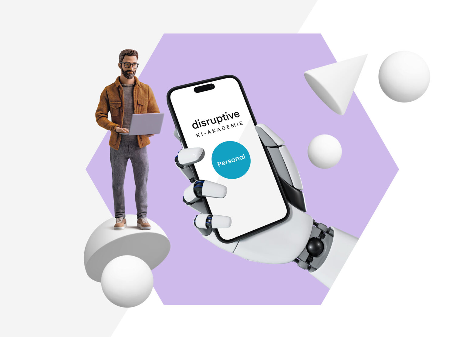 Eine Roboterhand hält ein Smartphone, auf dem der Personal-Zugang zur KI Akademie zu sehen ist.