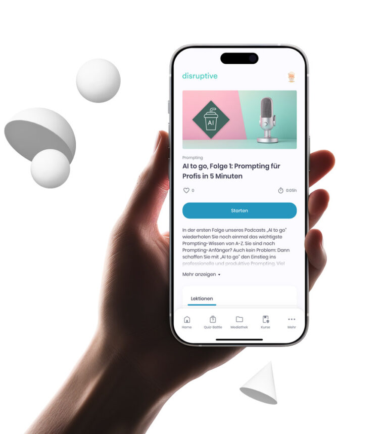 Eine animierte Hand hält vor einem weißen Hintergrund ein Smartphone, auf dem ein Kurs der KI Akademie zu sehen ist.