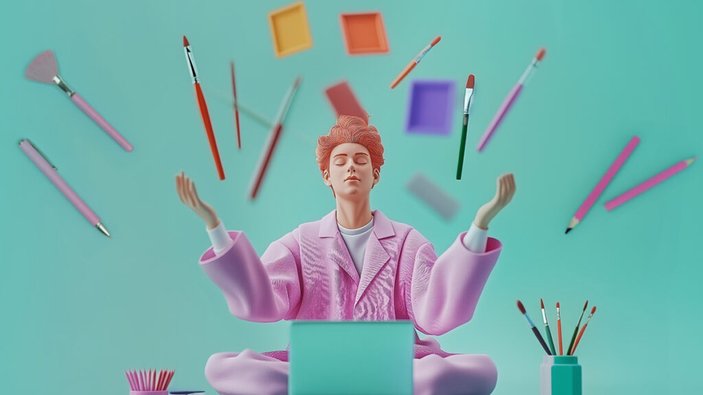 Person in rosa Anzug vor türkisfarbenem Hintergrund mit schwebenden Pinseln und Farbpaletten