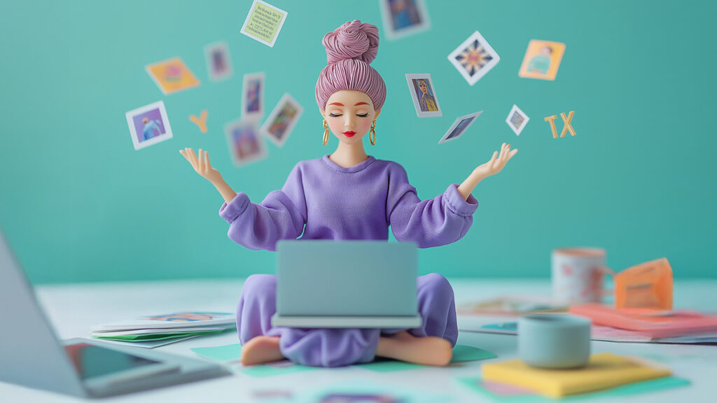 Person mit lila Haaren und lila Kleidung sitzt im Schneidersitz vor einem Laptop vor türkisfarbener Wand mit an der Wand befestigten Fotos und Papieren