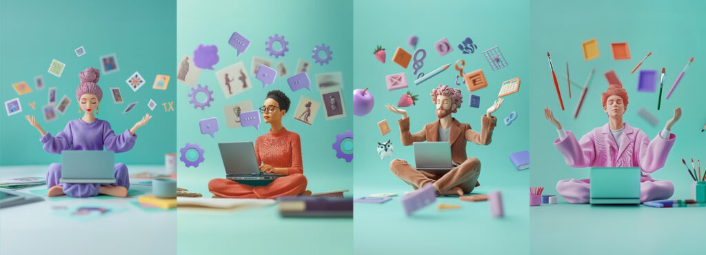 Vier Personen mit Laptops sitzen vor pastellfarbenem Hintergrund, umgeben von schwebenden Symbolen wie Dokumenten, Zahnrädern, Glühbirnen und Schreibutensilien