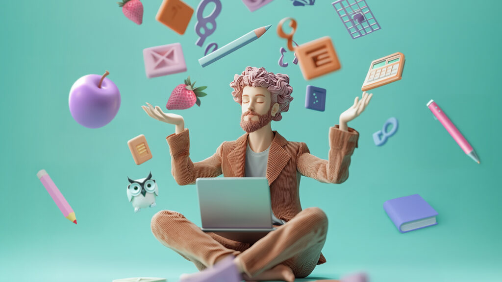Person mit lockigem Haar sitzt im Schneidersitz mit Laptop auf dem Schoß und hebt die Hände, umgeben von schwebenden Gegenständen wie Stiften, Buch, Taschenrechner, Eule und Früchten