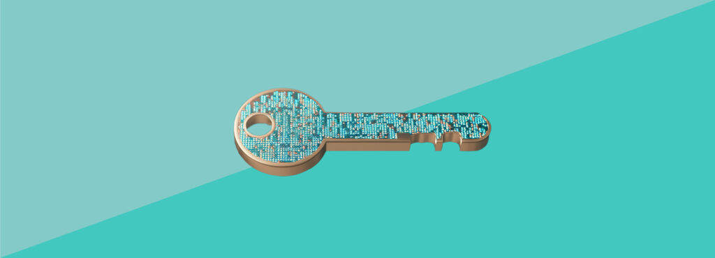 Schlüssel mit digitalem Binärcode-Muster auf türkisfarbenem Hintergrund für den Blogartikel rund um das Thema Barrierefreiheit