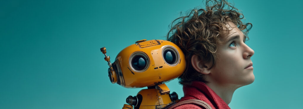 Kind mit lockigem Haar trägt roten Pullover und hält kleinen gelben Roboter mit großen Augen auf der Schulter.