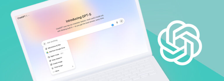 Visual mit einem Laptop, auf dem ein Fenster des neuen ChatGPT5 zu sehen ist.