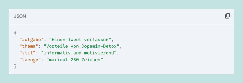 JSON-Code mit Aufgabe 'Einen Tweet verfassen', Thema 'Vorteile von Dopamin-Detox', Stil 'informativ und motivierend', Länge 'maximal 280 Zeichen.
