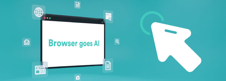 Browserfenster mit dem Text 'Browser goes AI' und mehreren kleinen Symbolen für Dokumente, Lupe und Weltkugel auf türkisfarbenem Hintergrund, daneben ein großer weißer Cursorpfeil.