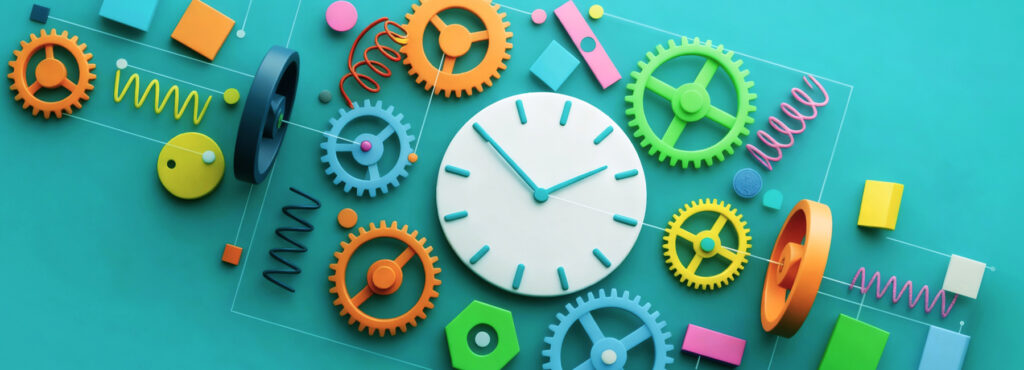 Bunte Zahnräder, Federn und geometrische Formen um eine weiße Uhr mit blauen Zeigern auf blauem Untergrund.