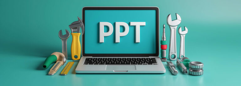 Laptop mit blauem Bildschirm und weißer Schrift 'PPT', umgeben von verschiedenen Werkzeugen wie Schraubenschlüssel, Schraubenzieher, Maßband und Zange auf türkisfarbenem Untergrund