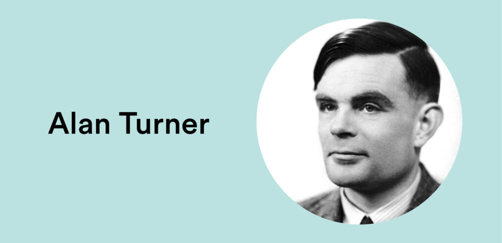 Porträt eines Mannes mit dunklem Haar, Hemd und Krawatte in einem weißen Kreis vor hellblauem Hintergrund, daneben der Text 'Alan Turner'.