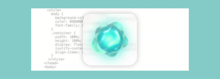 Abstraktes, transparentes, organisch geformtes 3D-Objekt vor unscharfem, weißem Code-Hintergrund auf türkisfarbenem Grund.