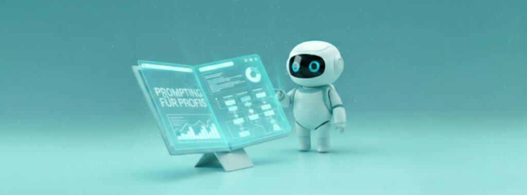 leiner humanoider Roboter steht vor einem schwebenden, transparenten Bildschirm mit Diagrammen und dem Text 'PROMPTING FÜR PROFIS'