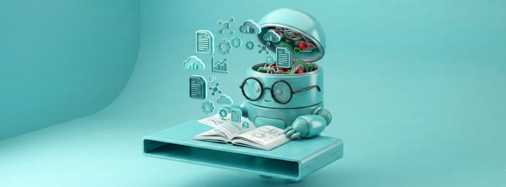 Blaugrüner Roboter mit Brille liest ein aufgeschlagenes Buch, umgeben von schwebenden Symbolen wie Dokumenten, Diagrammen und Wolken