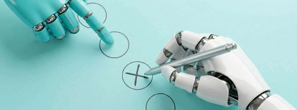 Nahaufnahme zweier Roboterhände, eine hält einen Stift und markiert ein Kreuz in einem Kreis, die andere zeigt auf einen anderen Kreis