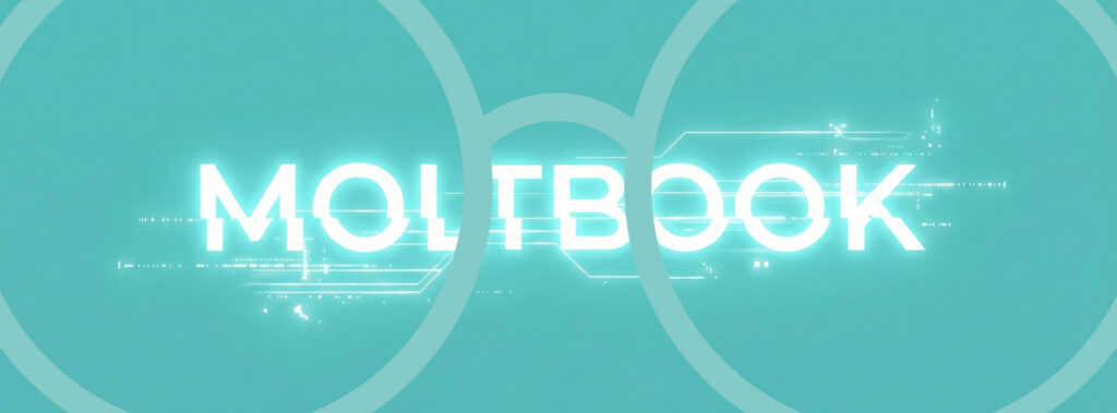 Leuchtender Schriftzug 'MOLTBOOK' vor verschwommenem, kreisförmigem Hintergrund
