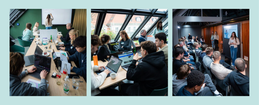 Drei Fotos von Gruppen junger Menschen bei einem Hackathon, die an Laptops arbeiten, diskutieren und einer Person zuhören, die vor einer Gruppe spricht.