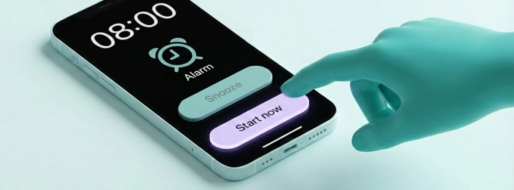 Hand mit ausgestrecktem Zeigefinger berührt auf einem Smartphone-Display den hervorgehobenen Button mit der Aufschrift 'Start now'