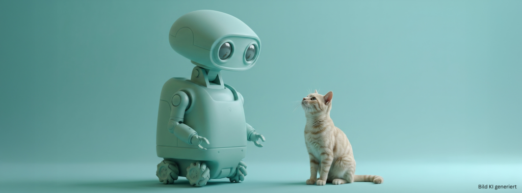 Kleiner Roboter mit rundem Kopf und zwei großen Augen steht vor sitzender Katze vor einfarbigem Hintergrund