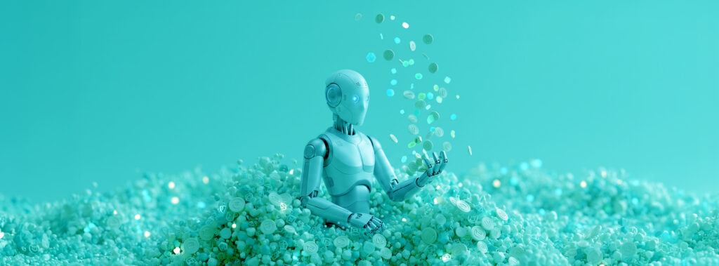 Roboter sitzt in einem Meer aus kleinen Kugeln und hält einige davon in der Hand