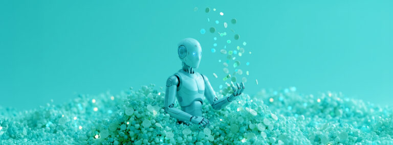 Roboter sitzt in einem Meer aus kleinen Kugeln und hält einige davon in der Hand