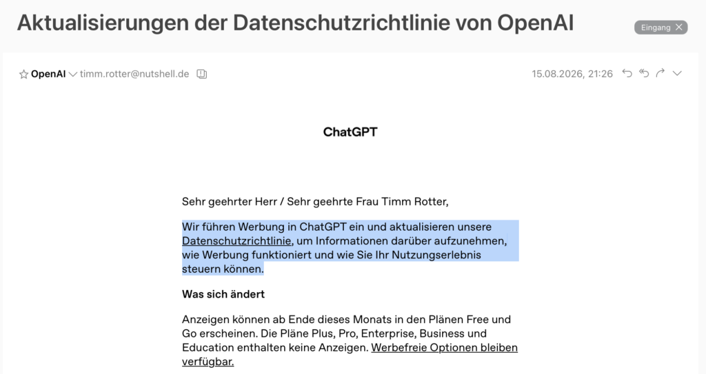 Screenshot einer E-Mail mit dem Betreff 'Aktualisierungen der Datenschutzrichtlinie von OpenAI' und hervorgehobenem Textabschnitt über Werbung in ChatGPT