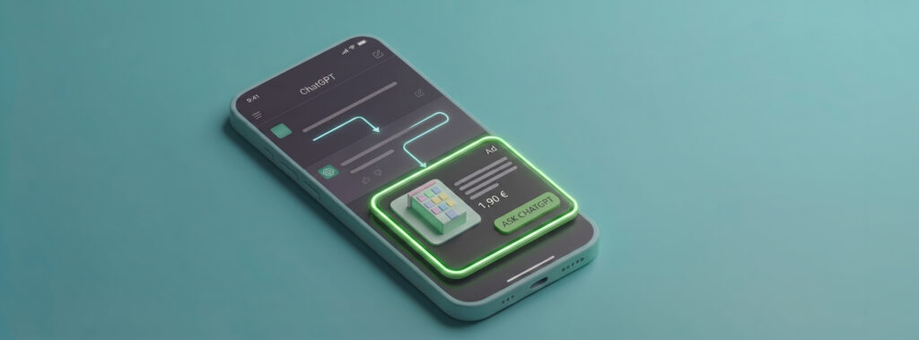 Smartphone mit geöffneter ChatGPT-App und hervorgehobener Werbeanzeige für ein Produkt mit Preisangabe